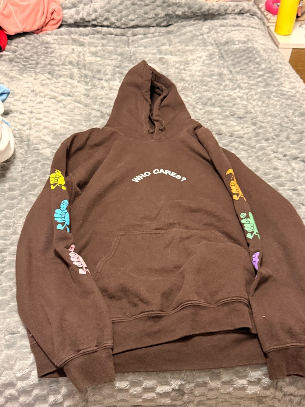 Brown "Who Cares?" Graphic Hoodie - Colorful Sleeve Prints